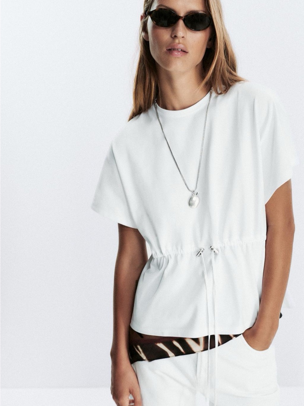 Zara Women's Drawstring Waist Short Sleeve Top - White tshirt